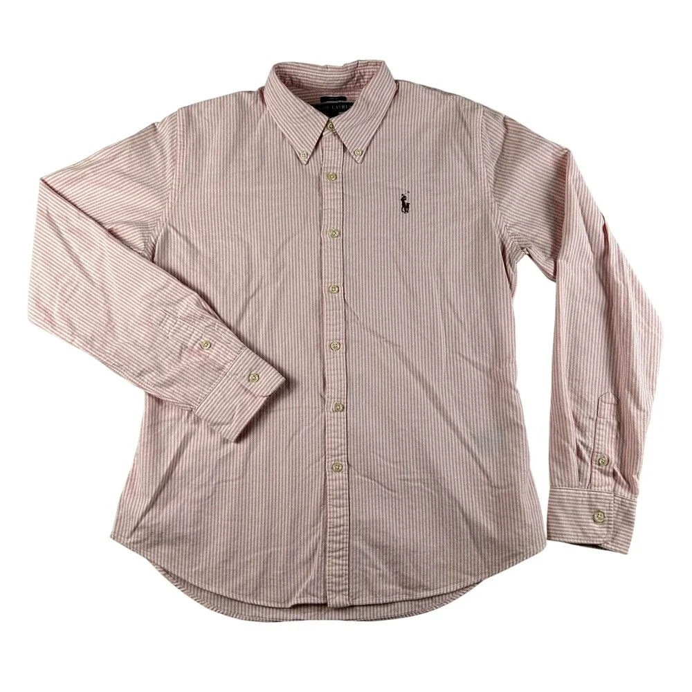 Ralph Lauren Shirt Boys 12 Pink Striped Button Down Long Sleeve Flesh Pony Logo